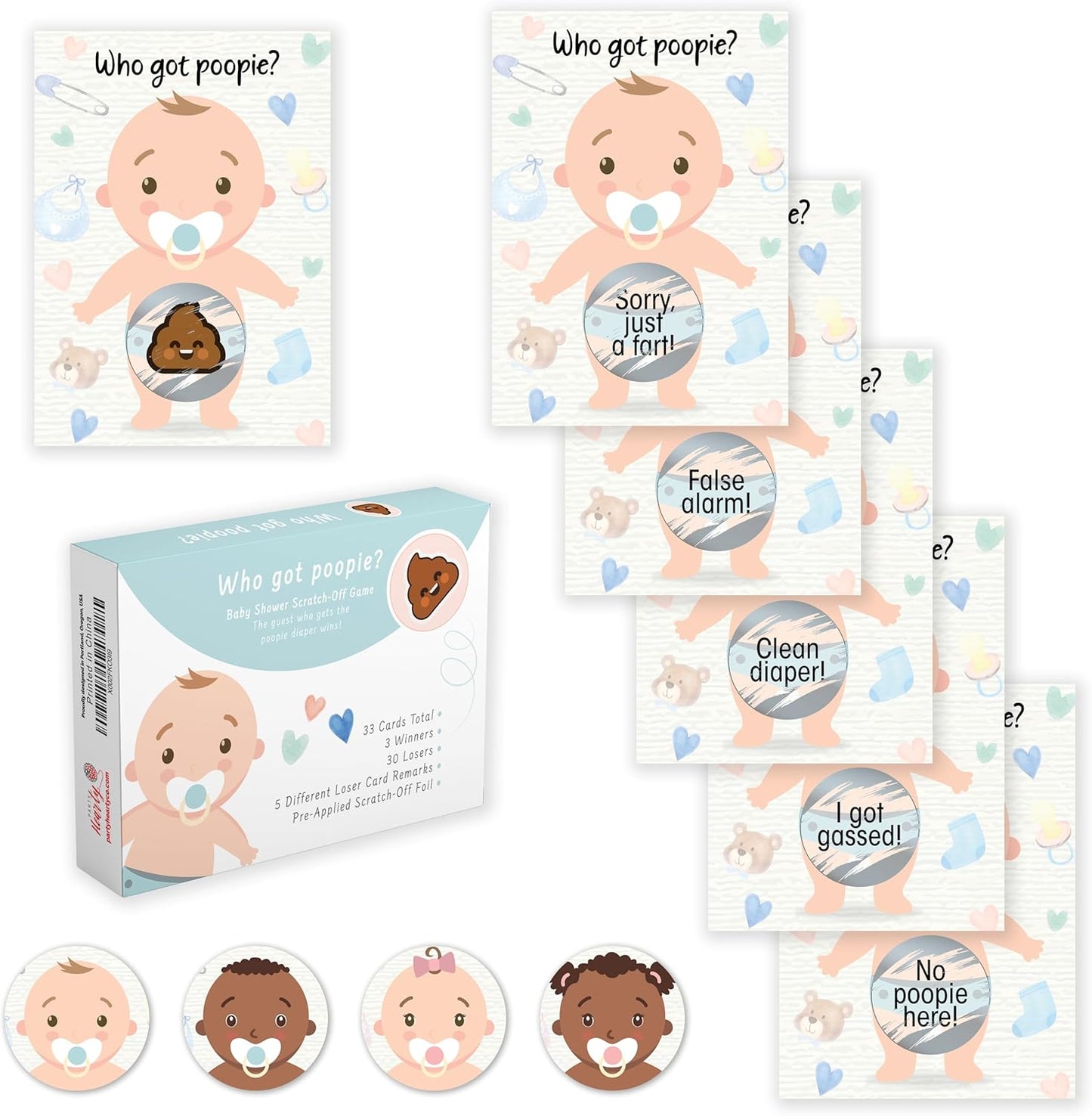 Party Hearty Baby Shower Games for Girl and Boy, 33 Poopie Emoji Scratch Off Lottery Tickets, Baby Games Ideas, Scratch Off Game.