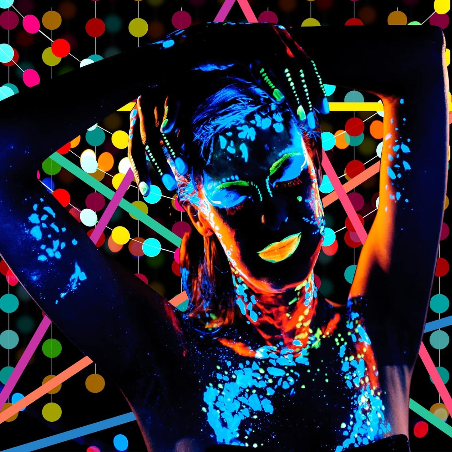 32 Pcs Glow in The Dark Party Supplies Christmas Neon Party Favors with 25 Fluorescent Balloon 6 Rolls 98.4 ft UV Blacklight Luminous Tape 14.4 ft Neon Streamer Garland for Adults(Clear Big Dot)