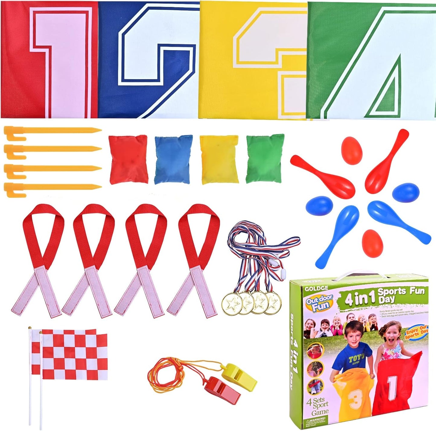 GOLDGE 28 Piece Outdoor Games Kit for Kids, Includes Potato Sack Race Bags, Bean Bag Toss, 3 Legged Race Bands, Egg Spoon Relay, for Easter & Birthday Parties