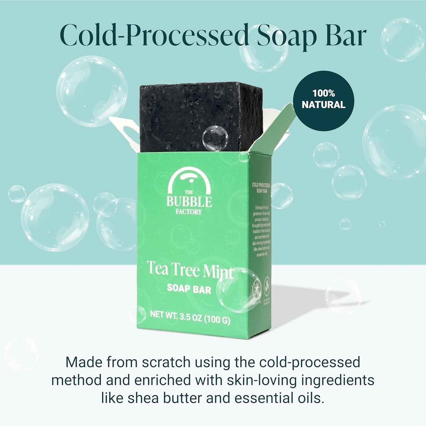 The Bubble Factory Handmade Natural Bath & Body Soap Bar, Vegan, All-Natural, Palm Oil Free, Made in USA with Shea Butter + Essential Oils, Tea Tree Mint, 3 Bars