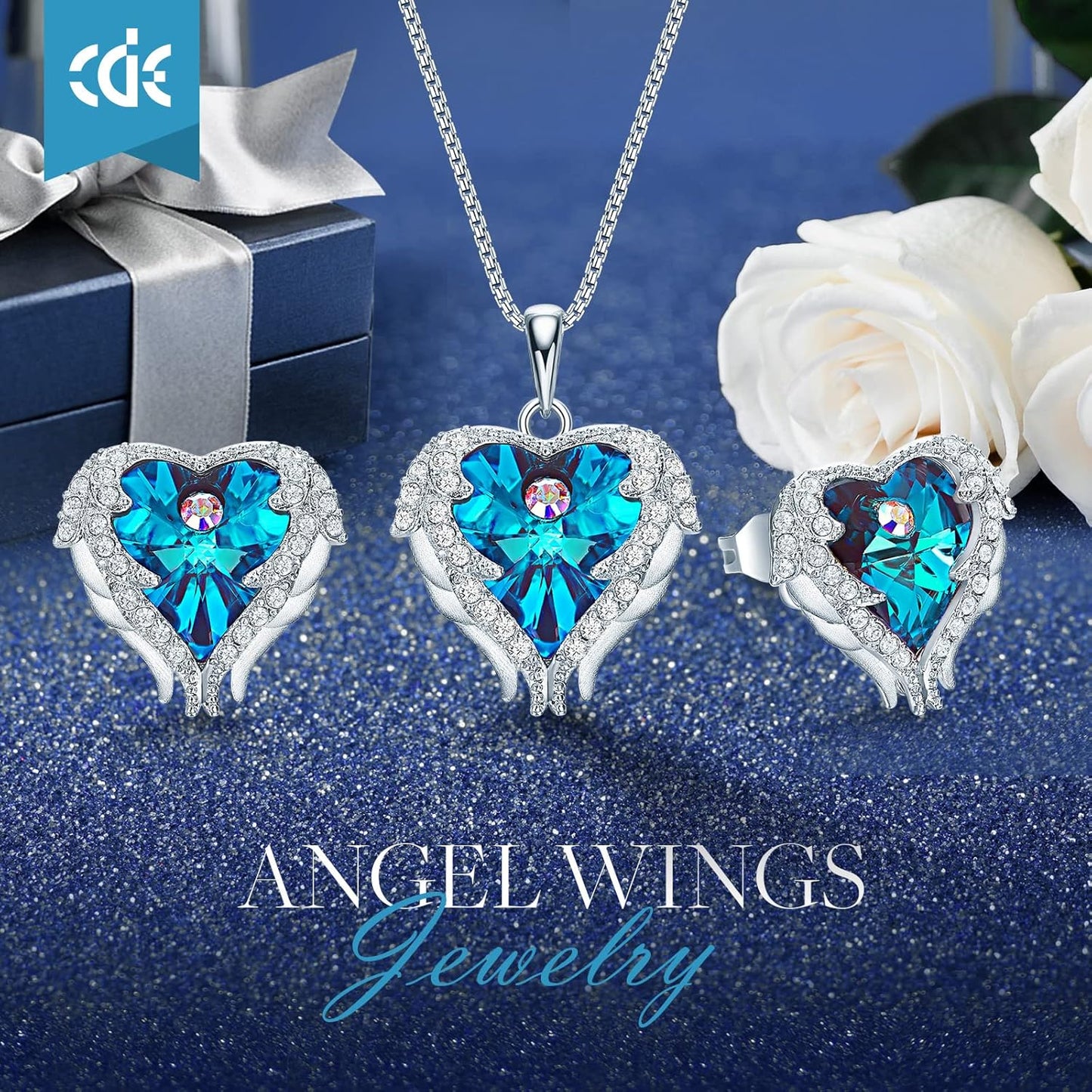 CDE Mothers Day Jewelry Set for Women, Angle Wing Heart Pendant Necklaces and Earrings with Birthstone， Birthday/Anniversary Christmas Jewelry Gift for Women Wife Her