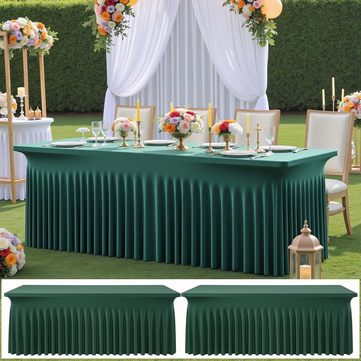 2 pk Hunter Green Spandex Tablecloths 8ft with Ruffle Table Skirt, Wrinkle Free Stretchy Fitted Tablecloth for 8 Foot Rectangle Tables, Elastic Spandex Table Covers 8ft for Party Wedding Banquet