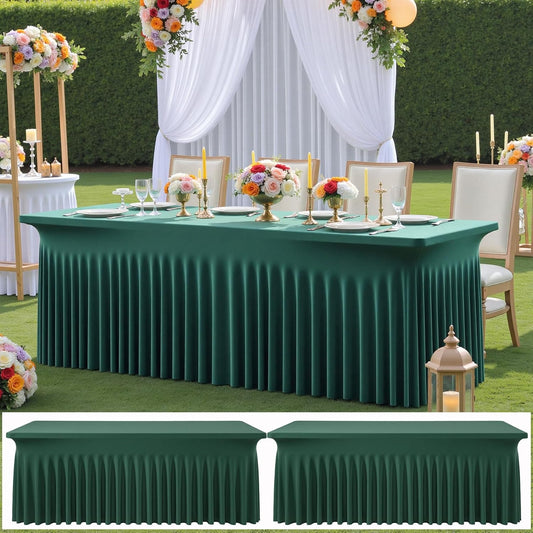 2 pk Hunter Green Spandex Tablecloths 8ft with Ruffle Table Skirt, Wrinkle Free Stretchy Fitted Tablecloth for 8 Foot Rectangle Tables, Elastic Spandex Table Covers 8ft for Party Wedding Banquet