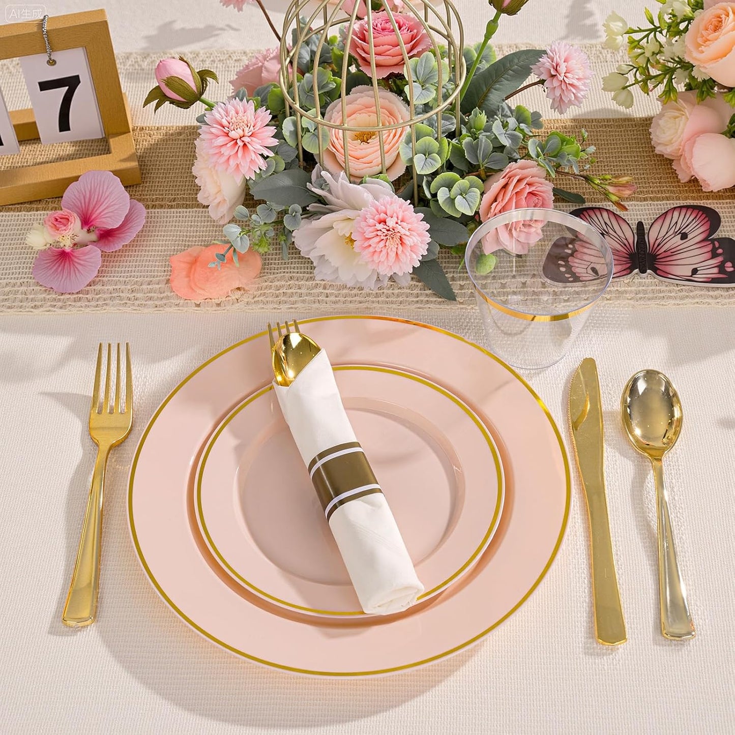 SUT 350 Pcs Pink and Gold Plastic Dinnerware Set for 50 Guests, Include: 50 Dinner Plates, 50 Dessert Plates, 50 Pre Rolled Napkins With Silverware, 50 Cups, Disposable Plates for Baby Shower, Party
