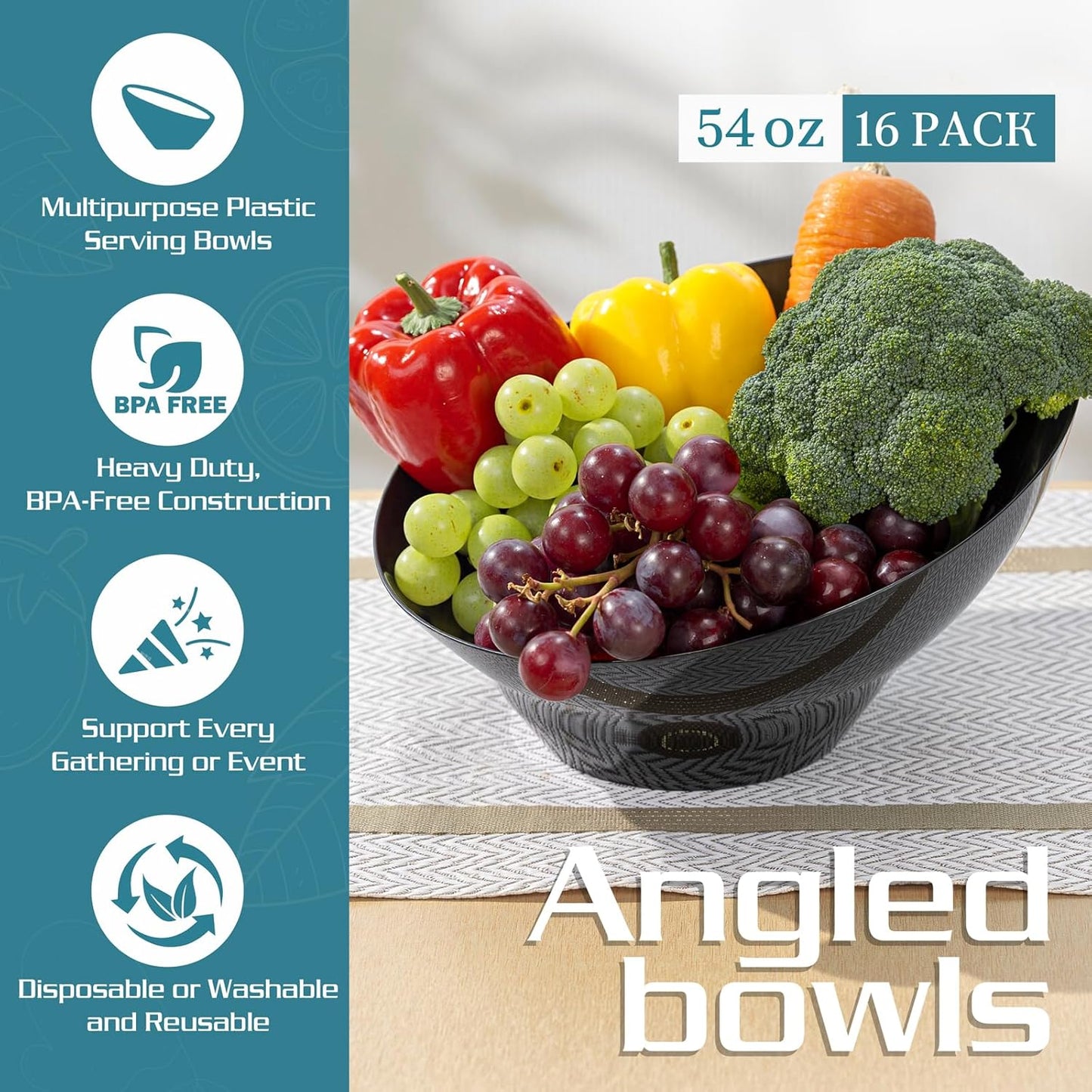 Liacere 16PCS Black Plastic Bowls - 54 OZ Angled Serving Bowls Disposable for Chip - Candy Party Table Salad and Fruit for Party & Wedding & New Year