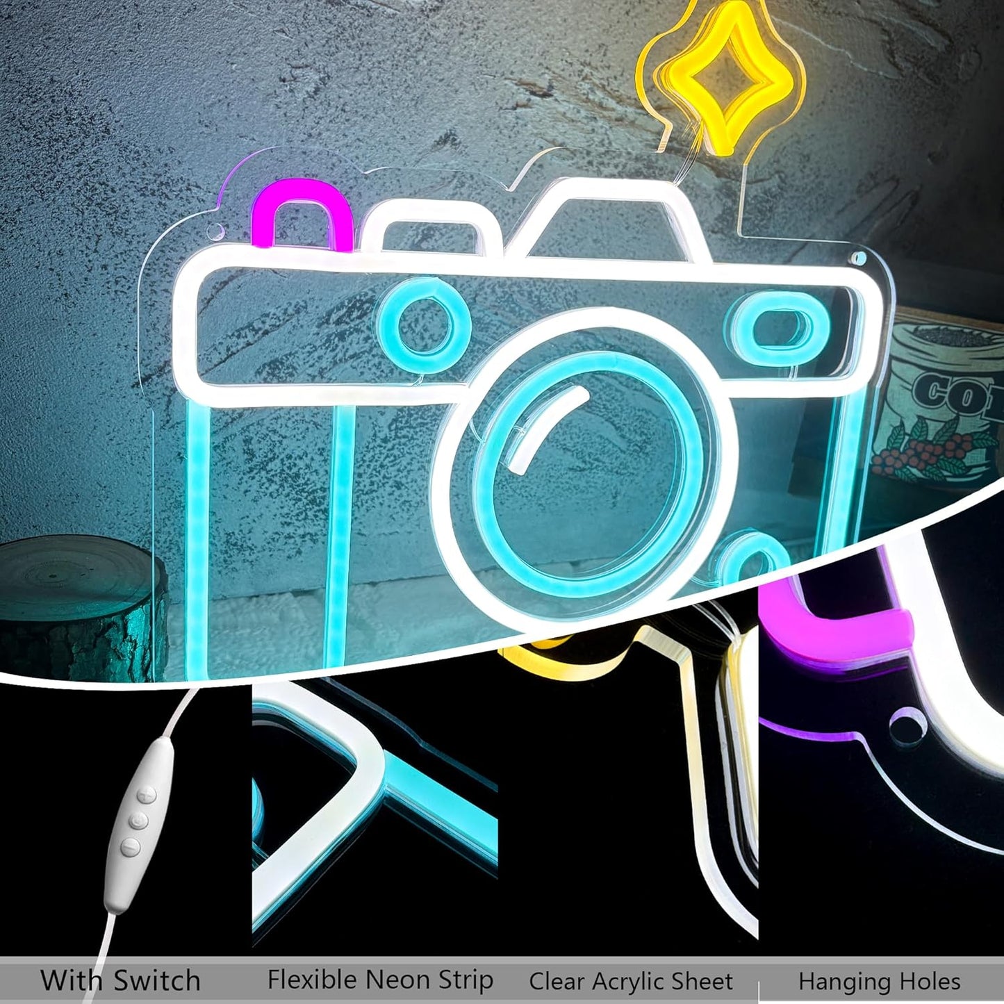 Camera Neon Sign Dimmable LED Light Up Wall Decor Multi-Color Retro Photography Studio Art Vintage Vlogger Background Accessory for Bedroom, Gaming Room, Store Photographer Gifts(13.3 * 12.2in)