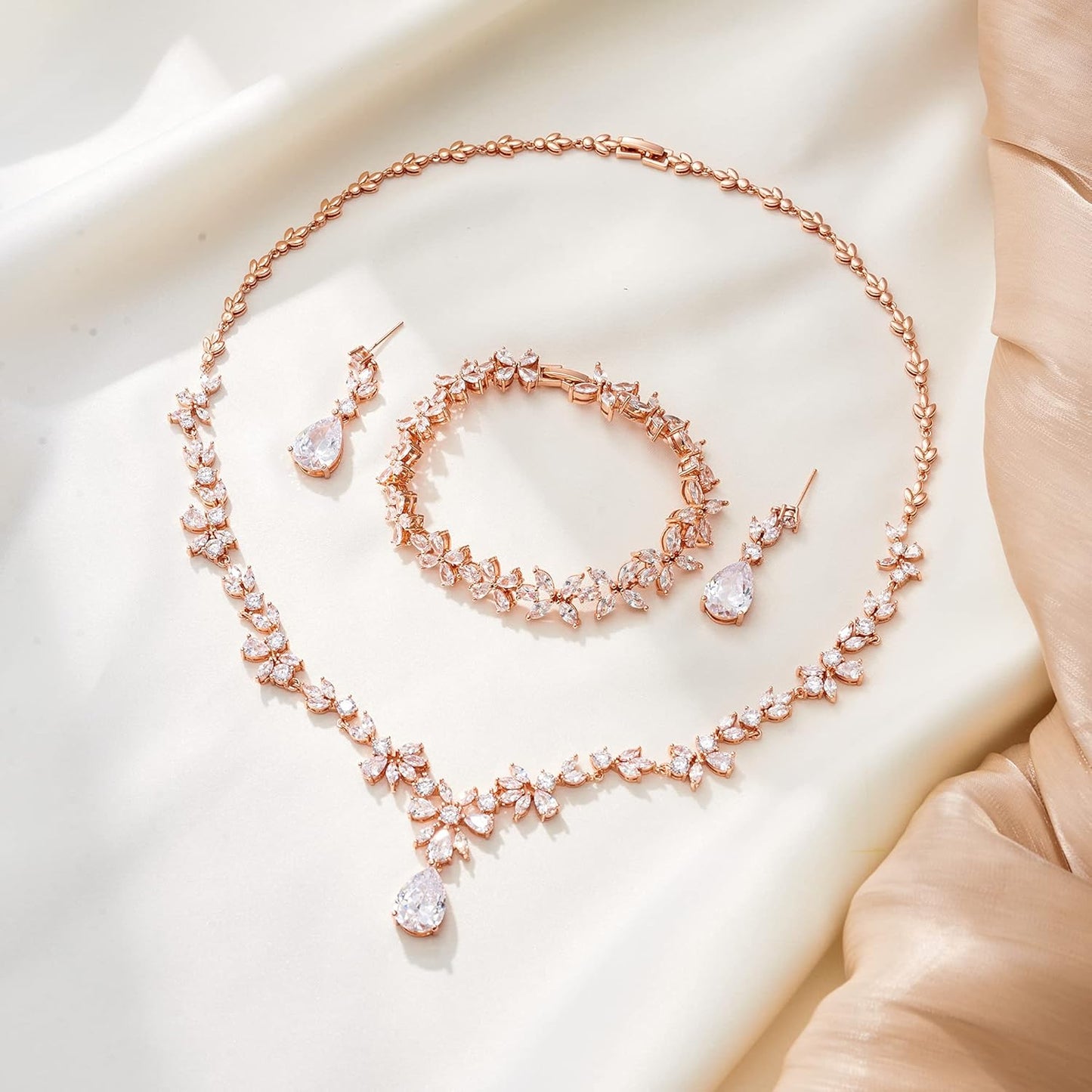 Crysdue Wedding Jewelry Set for Women, Floral Leaf Vine Teardrop Necklace Dangle Earrings Bracelet and Hair Comb, Cubic Zirconia Elegant Party Prom Jewellery for Bridal Bridesmaid