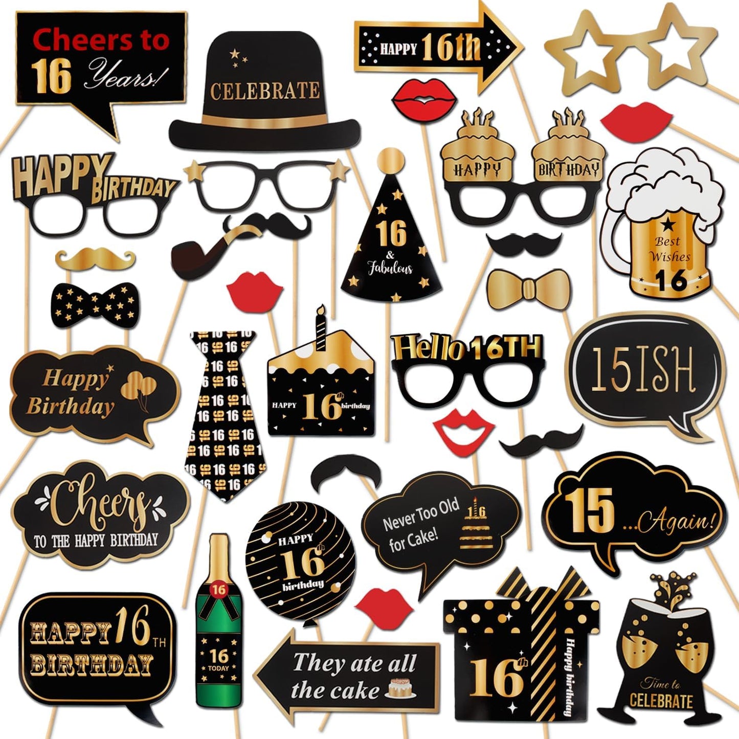 LINGTEER Happy 16th Birthday Party Photo Booth Props,Cheers to 16th Birthday Sixteen Years Old Bday Party Centerpieces Props Decorations Sign.