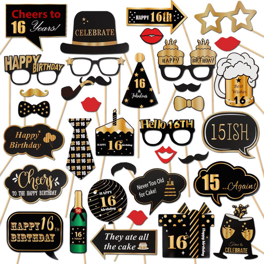 LINGTEER Happy 16th Birthday Party Photo Booth Props,Cheers to 16th Birthday Sixteen Years Old Bday Party Centerpieces Props Decorations Sign.
