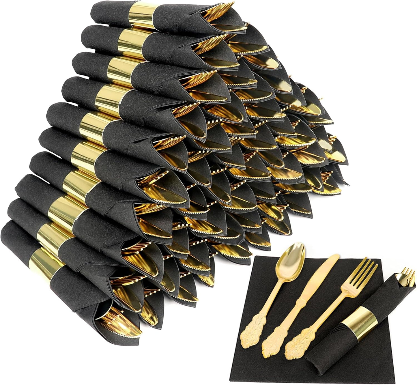 50 Pack Pre Rolled Gold Plastic Silverware Set,Fancy Wrapped Plastic Cutlery Set with Napkin Include 50 Forks,50 Spoons,50 Knives and 50 Black Napkins for Party, Wedding