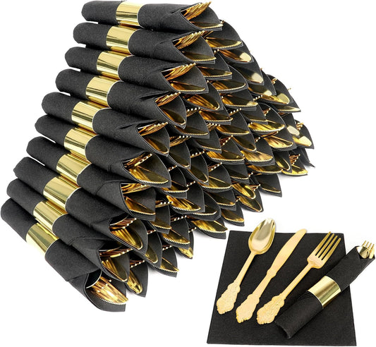 50 Pack Pre Rolled Gold Plastic Silverware Set,Fancy Wrapped Plastic Cutlery Set with Napkin Include 50 Forks,50 Spoons,50 Knives and 50 Black Napkins for Party, Wedding