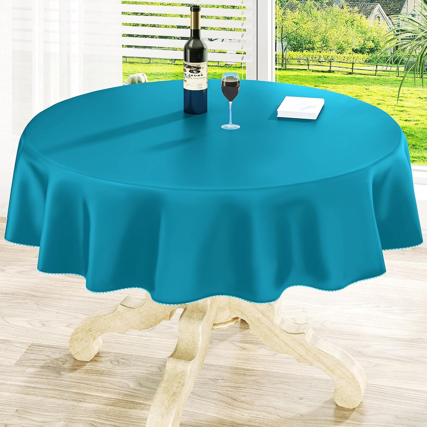 homing Round Vinyl Tablecloth, Waterproof Spillproof Plastic Flannel Backed Table Cloth, Wipe Clean Table Cover for Dining, Buffet Parties and Camping (Turquoise, 60")