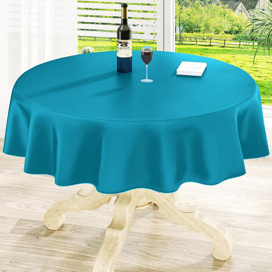 homing Round Vinyl Tablecloth, Waterproof Spillproof Plastic Flannel Backed Table Cloth, Wipe Clean Table Cover for Dining, Buffet Parties and Camping (Turquoise, 60")