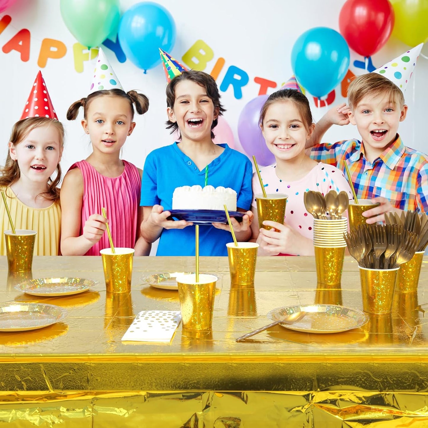 Sparkling Star Patterned Disposable Tableware Set, 201 Pieces, Tablecloths, Cutlery, Napkins, Cups, Straws, Plates for Parties, Birthdays, Graduations, Kids Events. 25Guest (Gold)