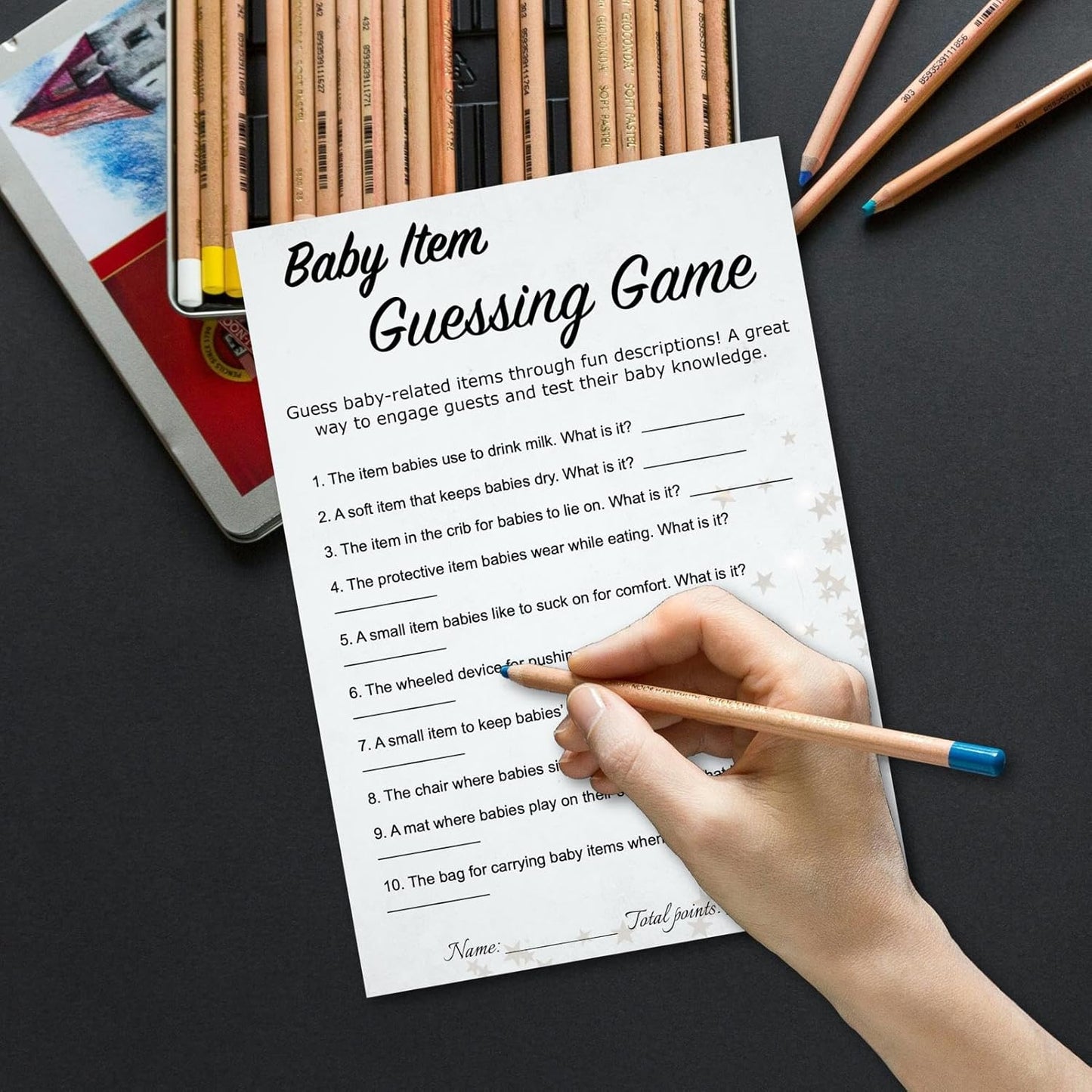 Baby Shower Item Guessing Trivia Game Cards - 30 Players - Light Gray Minimalist Design with Stars, Strips - Ready to Play, Answer Keys Included, 5x7 Inch Family Friend (Items Guessing)