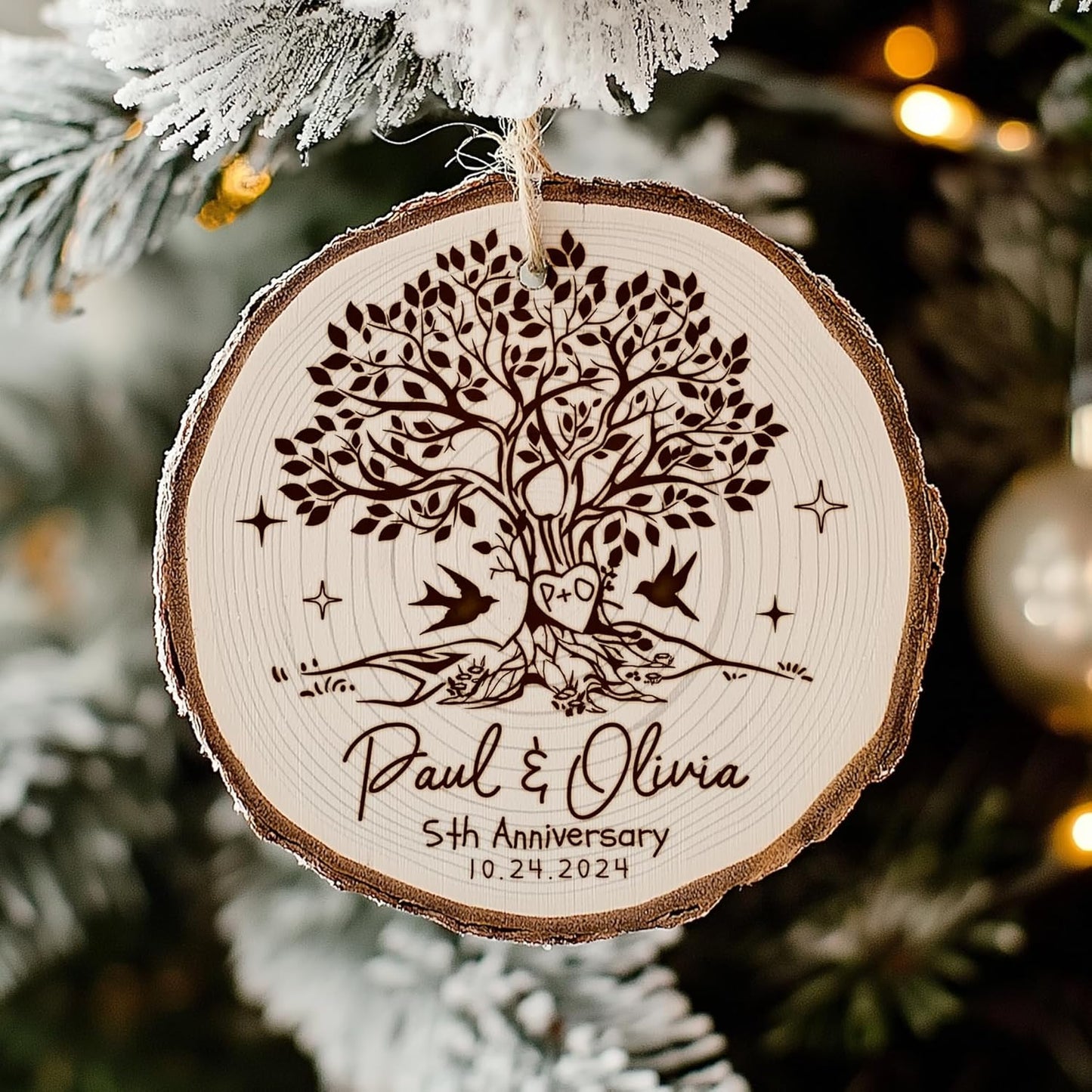 Personalized 5th Anniversary Wooden Ornament - 5 Year Anniversary Wedding Gifts for Couples, 5th Wedding Keepsake for Christmas Decoration