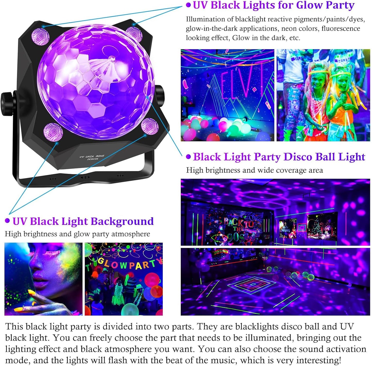 2 in 1 Glow Party Black Light Disco Ball Light with Sound Activated Strobe Dj Party Lights Black Lights, for Halloween Christmas Birthday Decor Classroom Room Family Party Decor