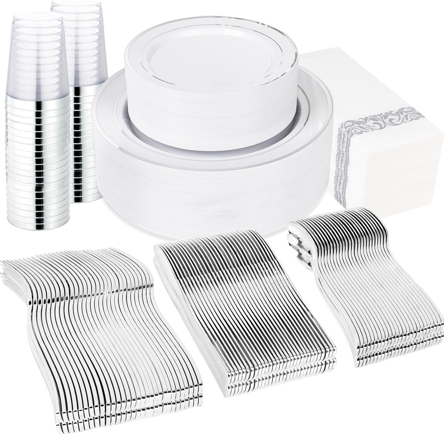 Supernal 400pcs Silver Plastic Dinnerware Set Heavy Duty Disposable Plates Include Silver Plastic Dessert Plates,50 Spoons & Knives & Cups & Napkins & 100 Forks,Prfect For Party and Wedding