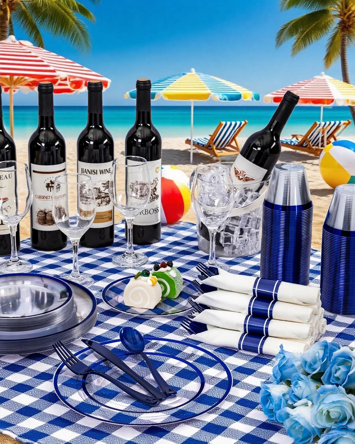 350PCS Plastic Plates for Party, Disposable Clear Blue Dinnerware Set for 50 Guests,100 Plastic Plates, 50 Cups, 50 Pre-Rolled Napkins with Cutlery for Party, Thanksgiving, Christmas, Wedding