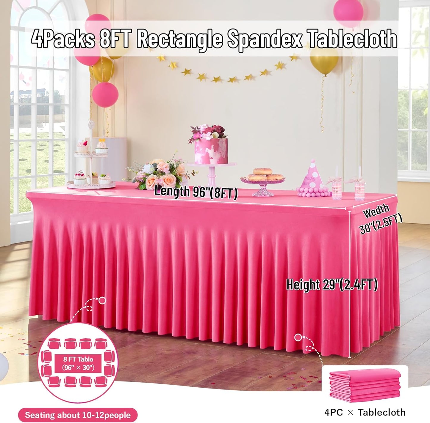 leegleri 4 Pack Hot Pink Spandex Tablecloths for 8 Foot Rectangle Tables, Wrinkle Free Fitted Table Cloths 8ft Stretchy Table Cloth Cover with Skirt for Parties Weddings Birthday Banquet Baby Shower