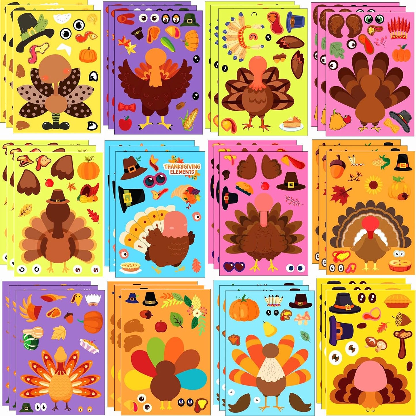 36 Sheets Large Size Make-A-Turkey Stickers, Thanksgiving Crafts for Kids, Make Your Own Turkey Face Stickers DIY Games for Fall Family Classroom Decorations Party Favors Teacher Reward Crafts