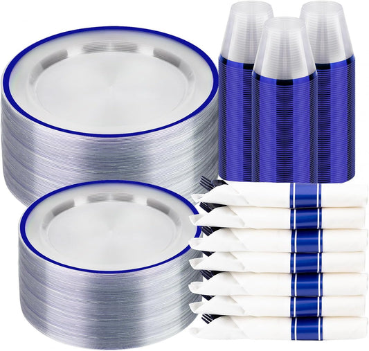350PCS Clear and Blue Disposable Plates Set for 50 Guests, 100 Plastic Plates, 50 Cups, 50 Pre-Rolled Napkins with Plastic Cutlery for Party, Birthday, Thanksgiving, Christmas, Halloween