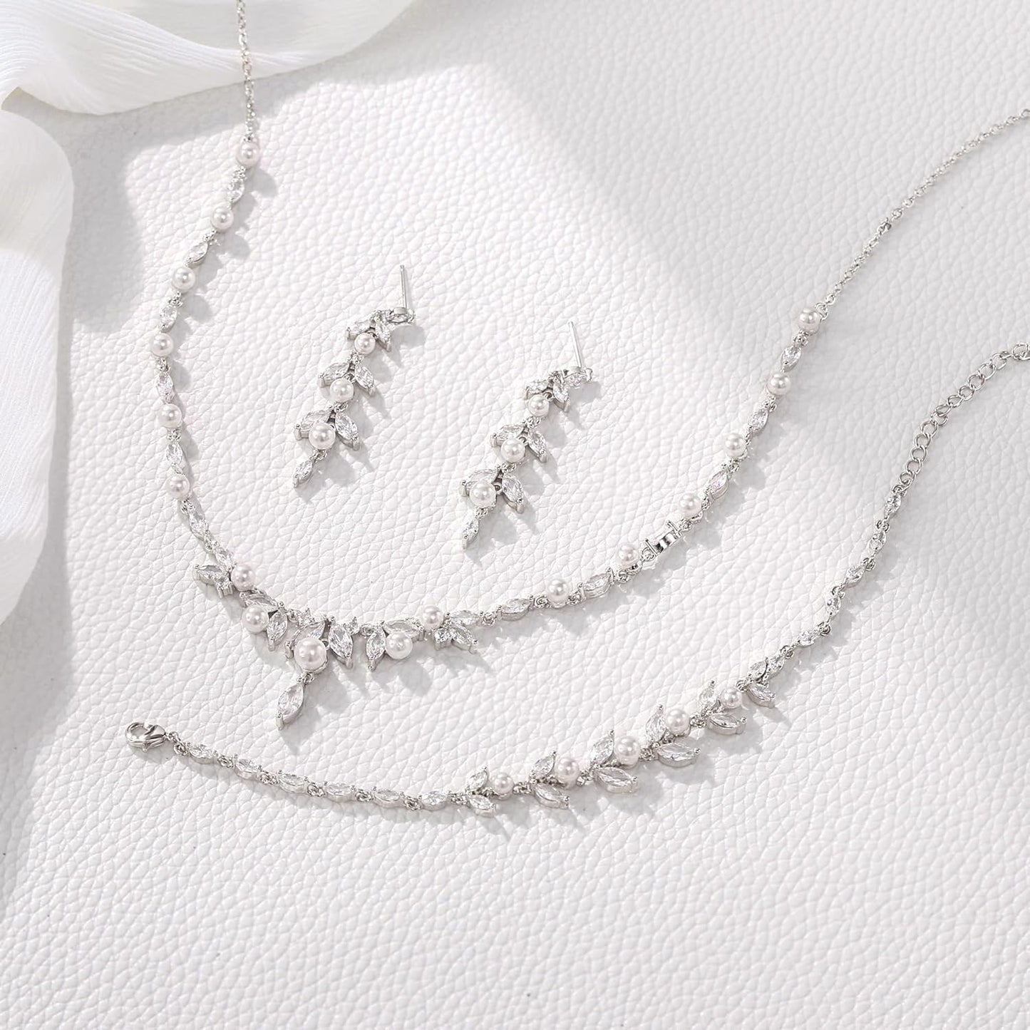 EleQueen Women's Simulated Pearl Wedding Jewelry Set, Cubic Zirconia Marquise Floral Bridal Necklace Earrings Bracelet Sets