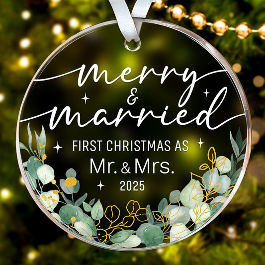 HEXMOZ First Christmas Married Ornament 2025 - Wedding Gifts for Couples 2025 - Just Married, Mr and Mrs Gifts for Newlyweds - Bridal Shower Gift for Bride - Acrylic Wedding Ornament