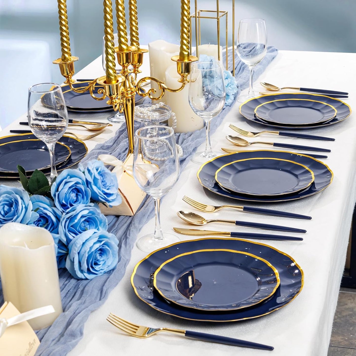 Supernal 102Pcs Dark Blue Plastic Silverware, Gold Plastic Cutlery with Dark Blue Handle, Gold Disposable Utensils Includes 34 Forks, 34 Spoons and 34 Knives for Mother's Day, Wedding, Theme Banquet