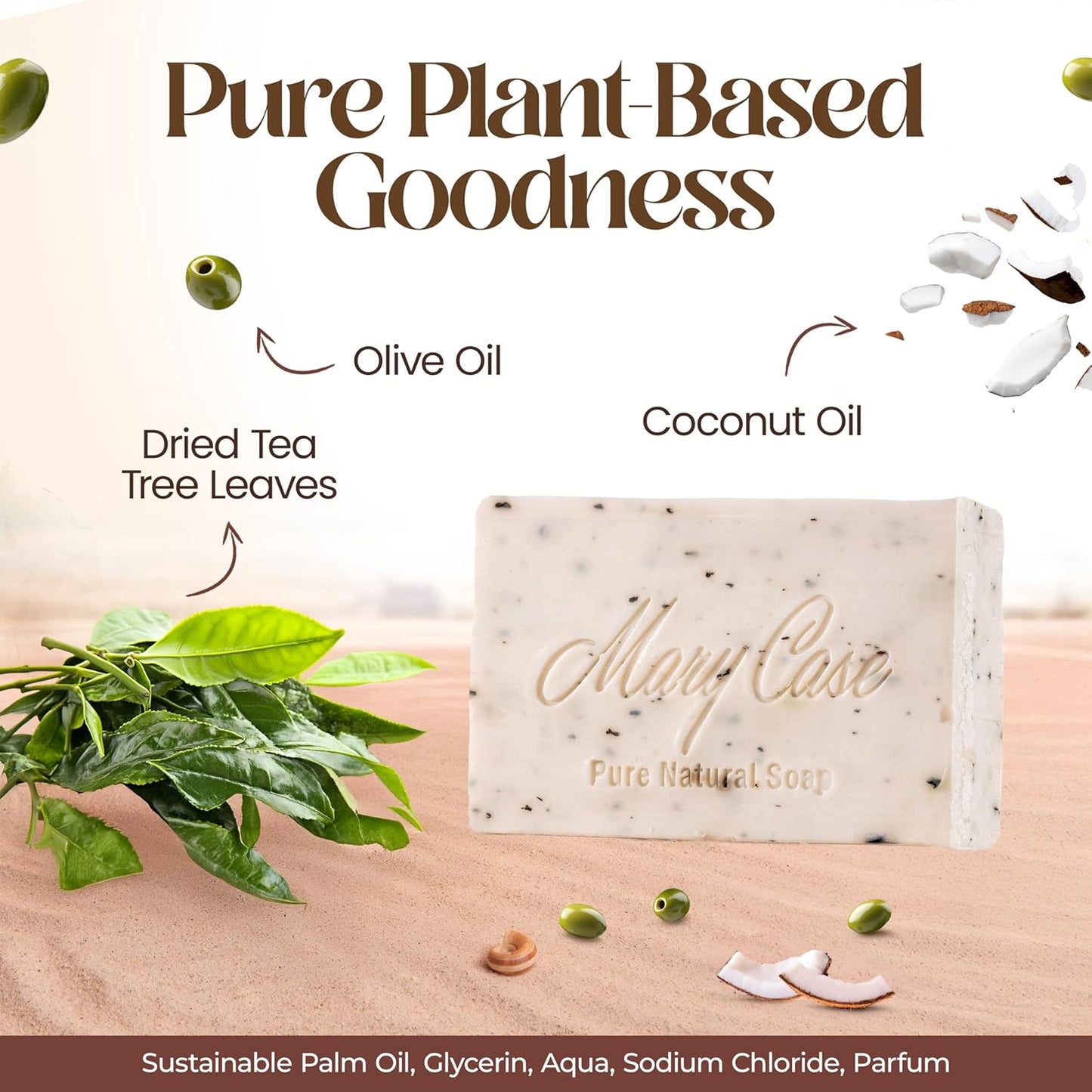 Mary Case All Natural Bar Soap for Men & Women (Set of 4) - Tea Tree Bath Soap Bar with Olive, Coconut, Tea Tree Oils & Leaves - Vegan Natural Soaps for Balancing Oily Skin & Clearing Pores