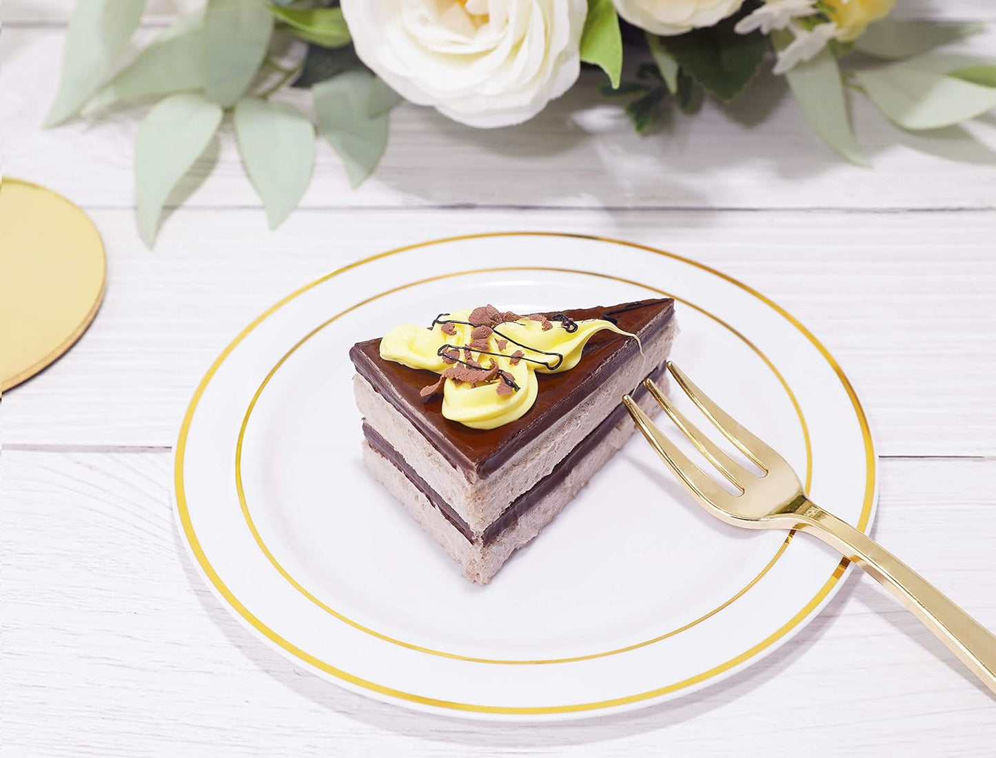 bUCLA 100Pieces Gold Plastic Plates - 6.25inch White with Gold Rim Disposable Salad/Dessert/Appetizer/Small Cake Plates Premium Hard - Ideal for Wedding, Party & Thanksgiving