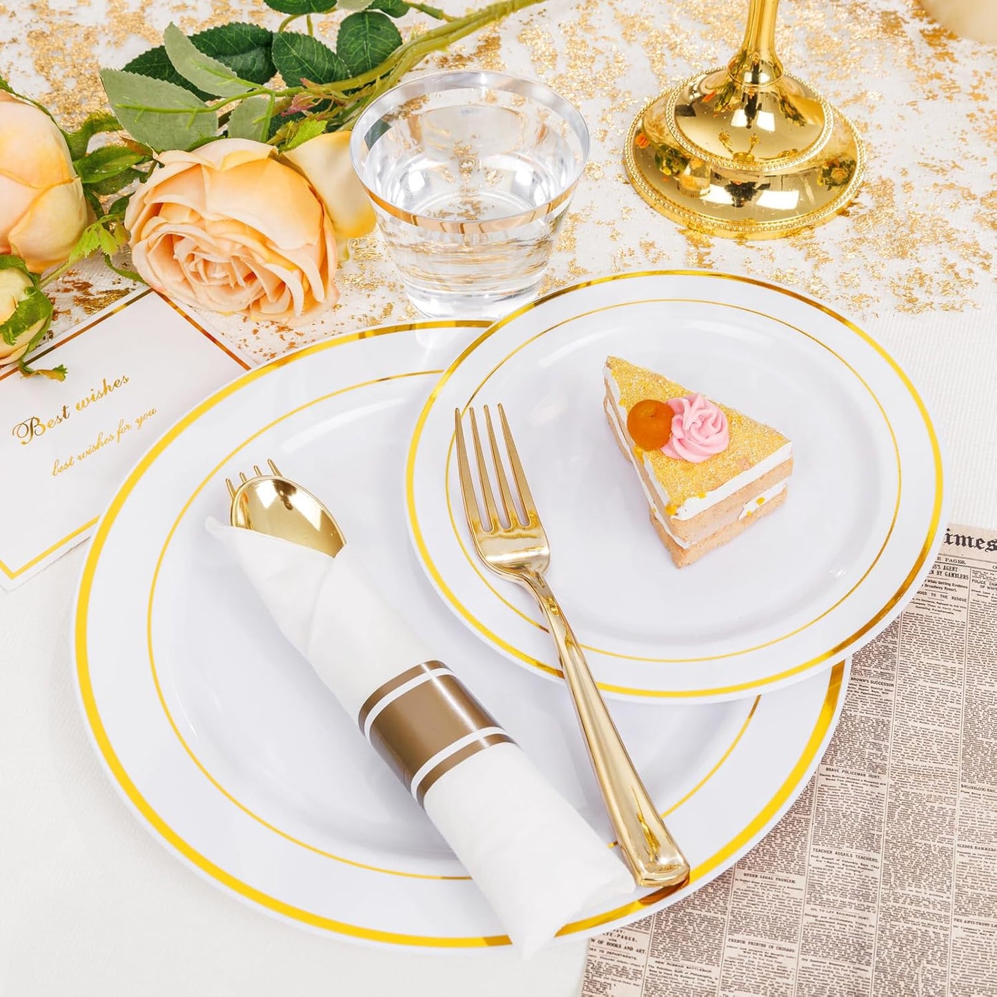 WELLIFE 700 Pcs Gold Plastic Plates for 100 Guests - Disposable Dinnerware Set,Party Supplies Includes 200 Gold Plates,300 Plastic Silverware,100 Napkins,100 Cups for Party and Thanksgiving