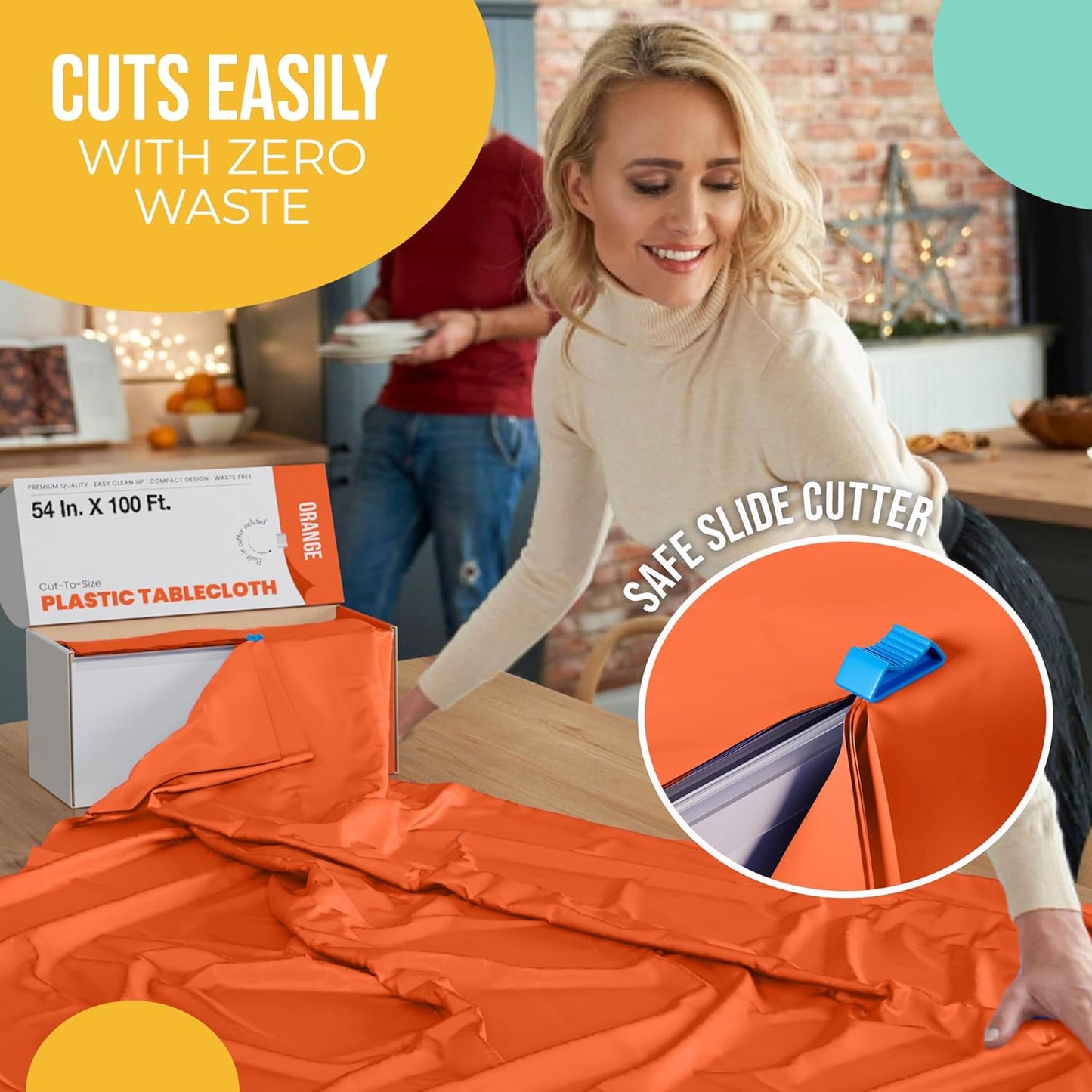 Party Solids 54 Inch X 100 Feet Orange Plastic Table Cover Roll in A Cut - to - Size Box with Convenient Slide Cutter. Cuts Up to 12 Rectangle 8 Feet Plastic Disposable Tablecloths