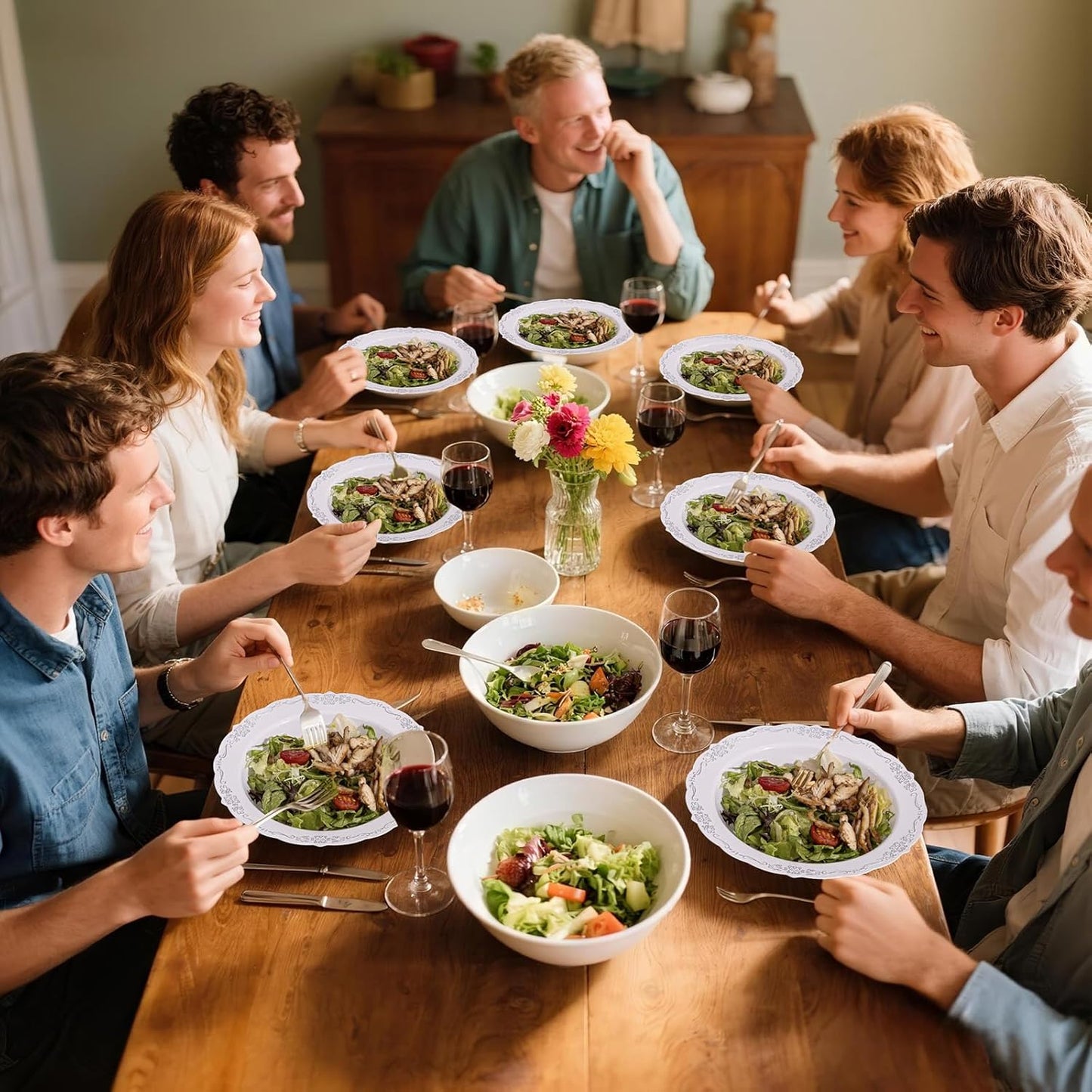 DaYammi 100 Pack Plastic Bowls with Silver Rim, 12oz Disposable Soup Bowls, Heavy Duty Dinner Bowls for Weddings, Parties, Dinners, Catering and Everyday Use