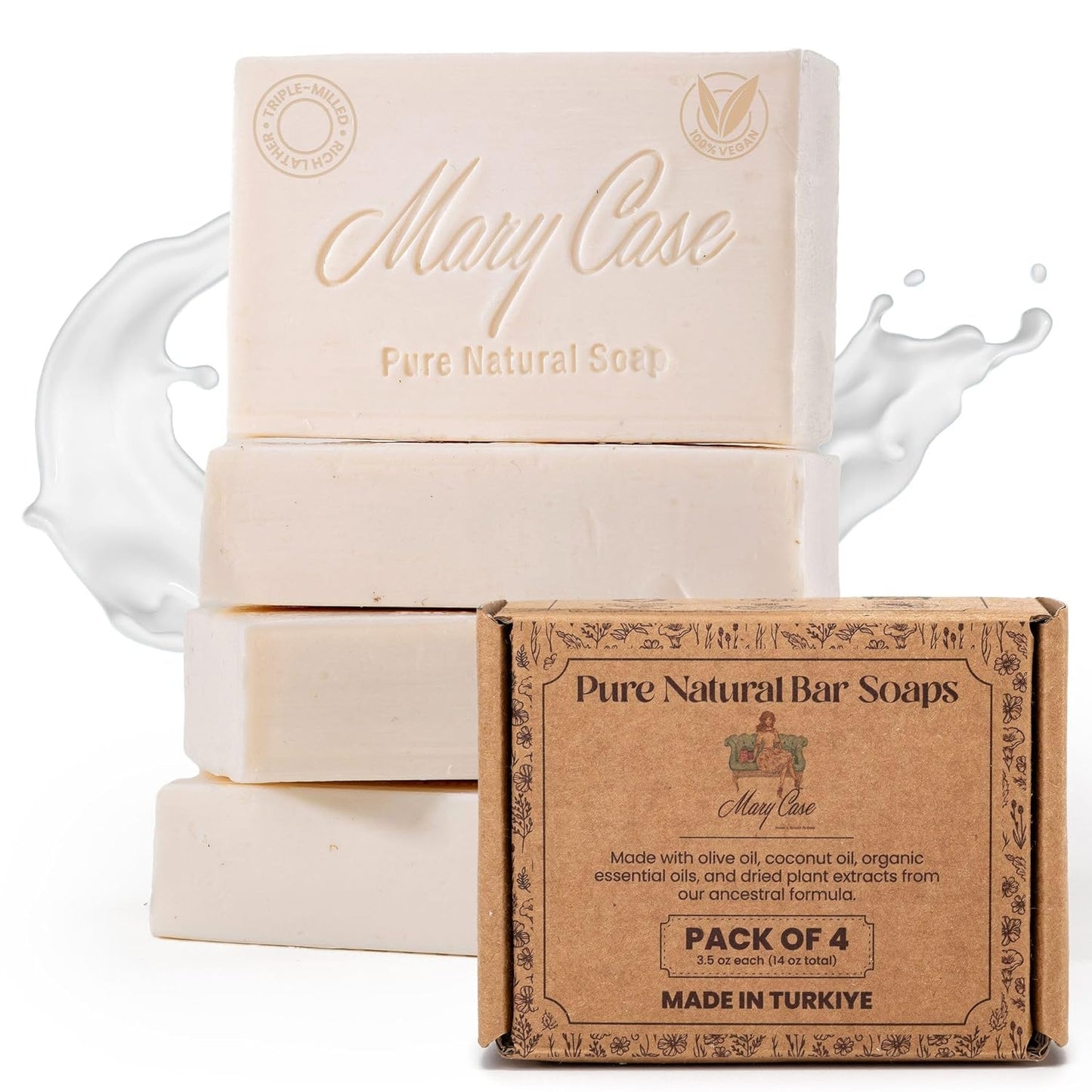 Mary Case All Natural Bar Soap for Men & Women (Set of 4) - Goat Milk Soap Bar with Olive and Coconut Oils - Bath Soaps Bars for Deep Moisturizing and Softening Dry Skin