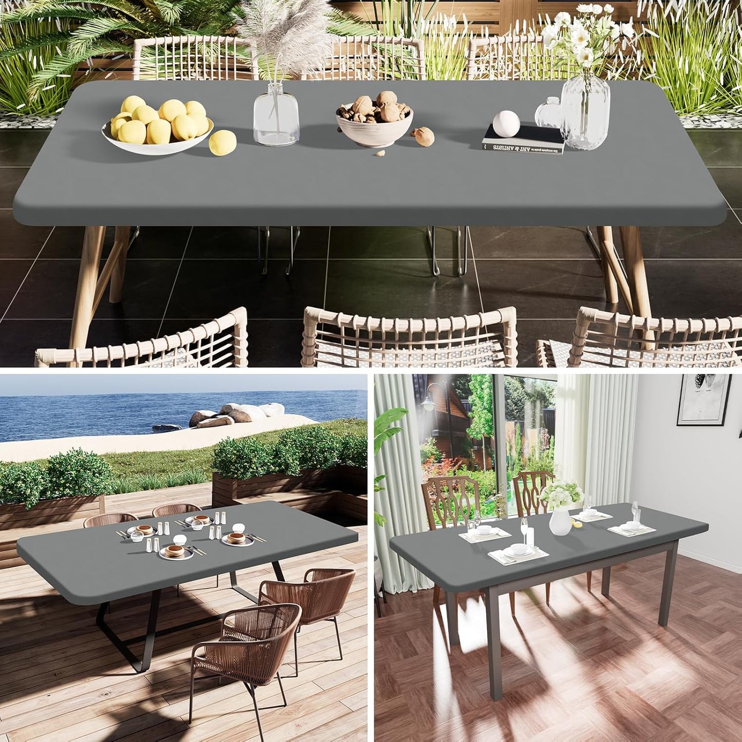 Smiry Rectangle Tablecloth, Elastic Fitted Flannel Backed Vinyl Tablecloths for 8ft Folding Tables, Waterproof Wipeable Table Covers for Indoor, Outdoor, Picnic and Camping (Grey, 36"x96")