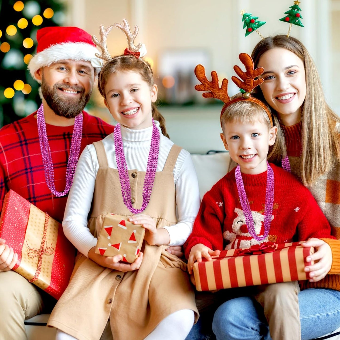 48 Pack Mardi Gras Beads Necklaces, 33 Inch Plastic Beads for Party Favors, Festival Decorations, Parade Throws, Christmas, St. Patrick's Day Celebrations