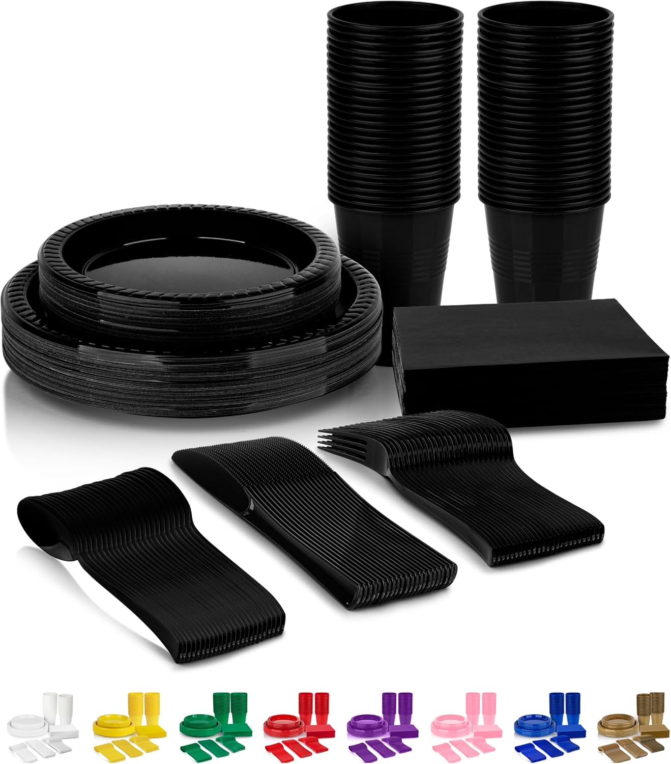 Grandipity 350 Piece Black Dinnerware Set, 50 Guests Plastic Party Plates, Cups, Napkins, Forks, Knives & Spoons