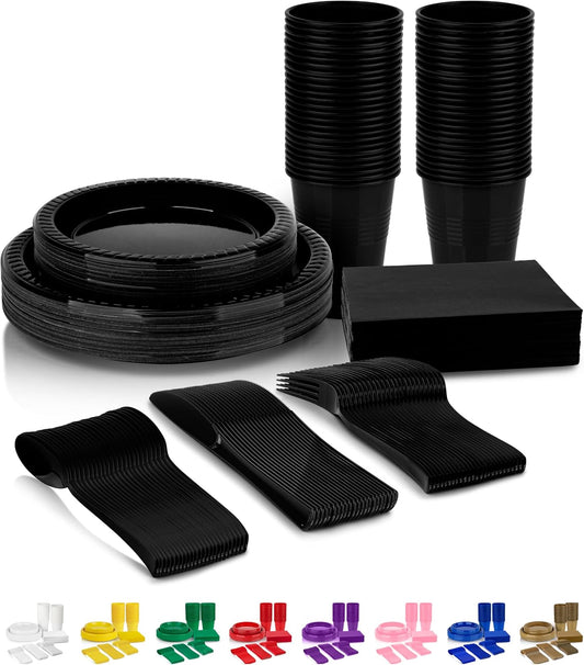Grandipity 350 Piece Black Dinnerware Set, 50 Guests Plastic Party Plates, Cups, Napkins, Forks, Knives & Spoons