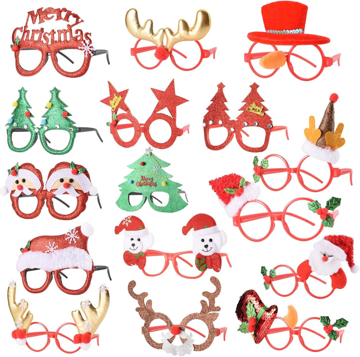 SEVEN STYLE 16 PCS Christmas Holiday Glasses for Kids & Adults,Cute Christmas Glasses Frames,Fun Christmas Party Favors Festive Decorations & Trinkets, Perfect for Goodie Bag Stuffers ，Photos booth