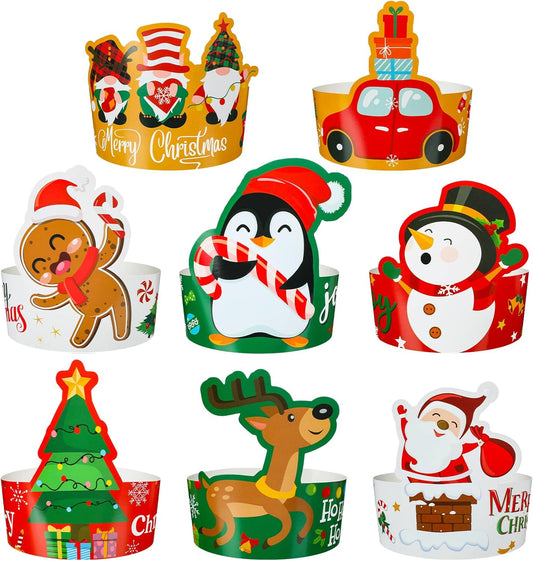 Sosation 40 Pcs Christmas Party Hats Christmas Paper Crown Funny Adjustable Santa Snowman Reindeer Gingerbread Tree Penguin Party Headwear for Xmas Gifts Classes Game Photo Booth