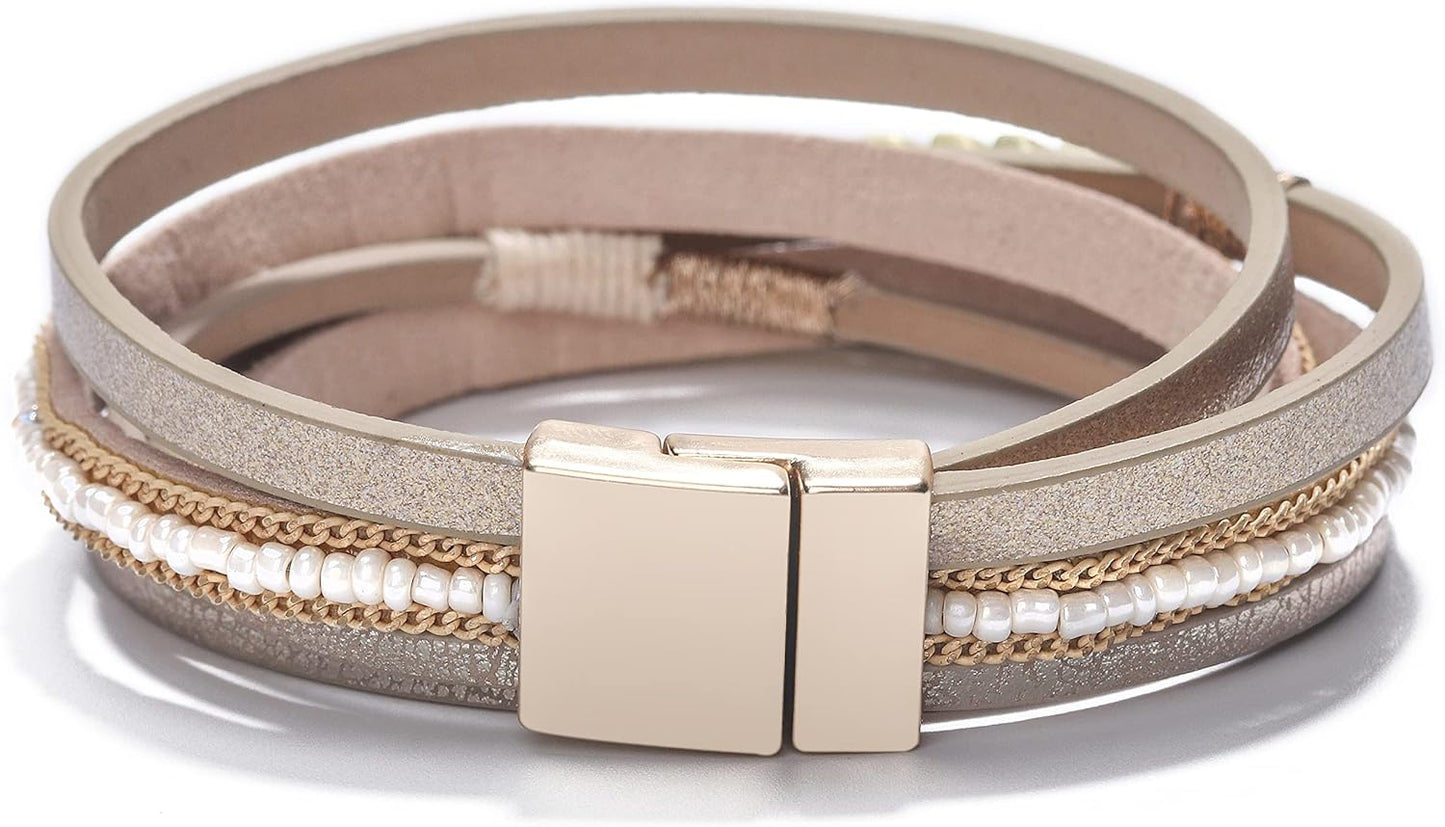 Fesciory Leather Wrap Bracelets for Women, Boho Leopard Multi-Layer Crystal Beads Cuff Bracelet Jewelry