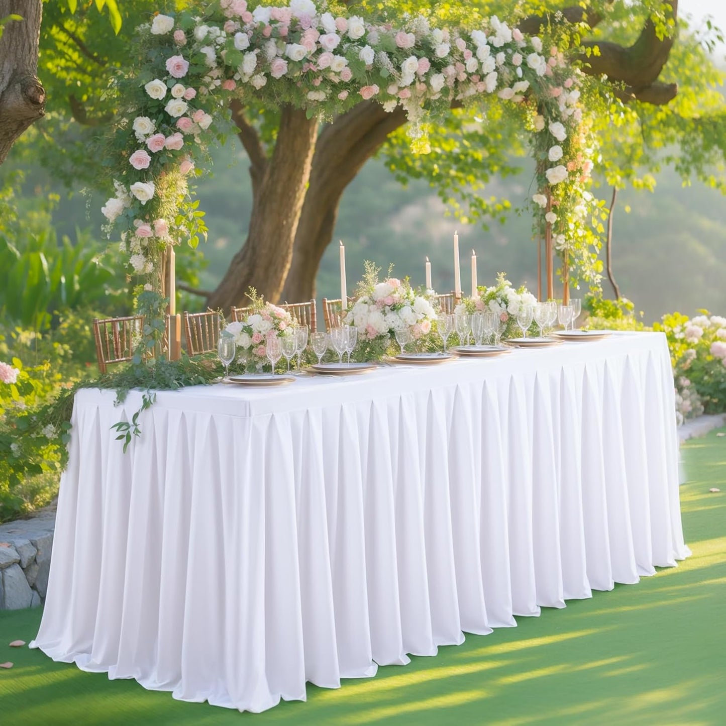 2 Pack White Rectangle Tablecloth 8 FT Stretch Spandex Fitted Table Cloth for 8 Foot Rectangle Tables Banquet Tablecloths Wrinkle Free Table Cover Skirt Ruffle Tablecloth for Party Wedding Birthday