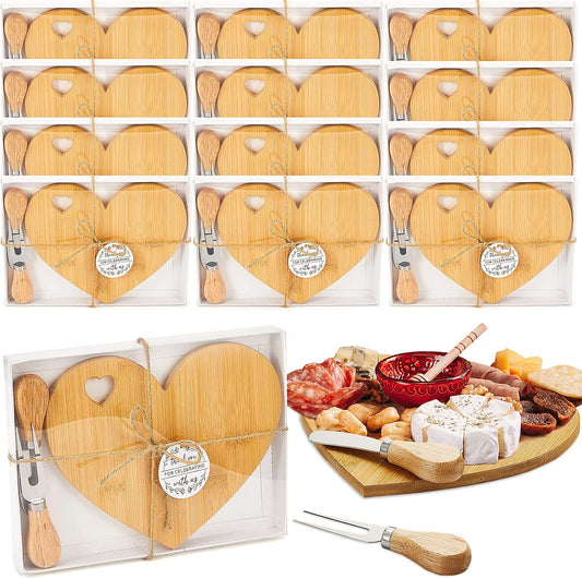 Patelai 12 Set Bridal Shower Favor Heart Cheese Board Cheese Knives Wood Mini Charcuterie Board Thank You Gift Box for Guest Bridal Baby Shower Prize Wedding Birthday Valentines (Bamboo Color)