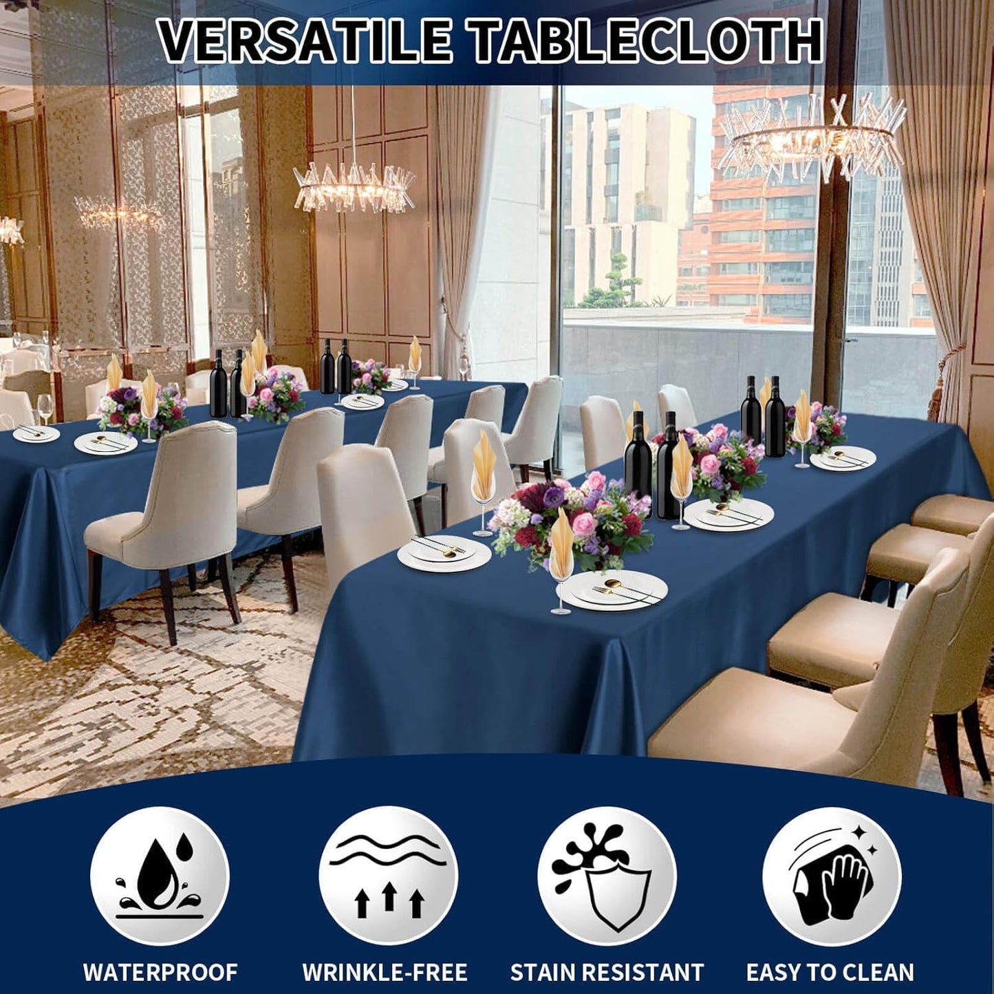 PureFit 6 Pack Rectangle Navy Blue Table Cloths 90 x 156 Inch for 8Ft Tables, Stain and Wrinkle Resistant Table Linens for Home Use, Wedding, Party, Banquet and Camping