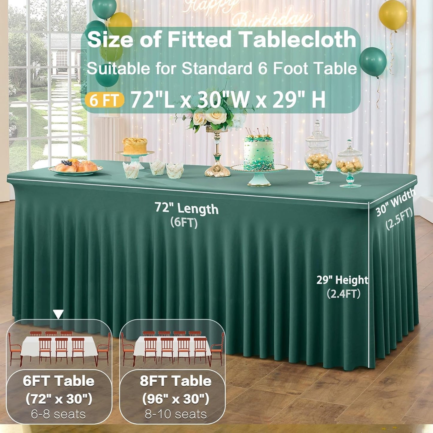 2 Pack Hunter Green Spandex Tablecloths for 6 Foot Rectangle Tables, Wrinkle Free Fitted Table Cover 6ft Green Stretchy Table Clothes with Skirt for Parties Weddings Birthday Banquet Baby Shower