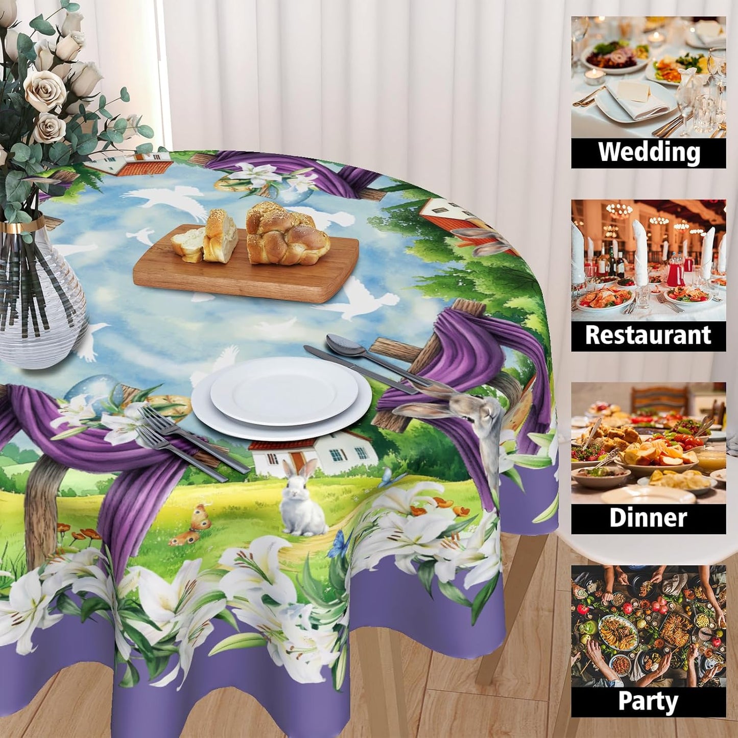 Giwawa Easter Cross Round Tablecloth 60 Inch Spring Bunny Rabbits Eggs Hunt Table Cloth for Kitchen Dining Lily Flowers Polyester Table Cover Holiday Party Picnic Farmhouse Decoration