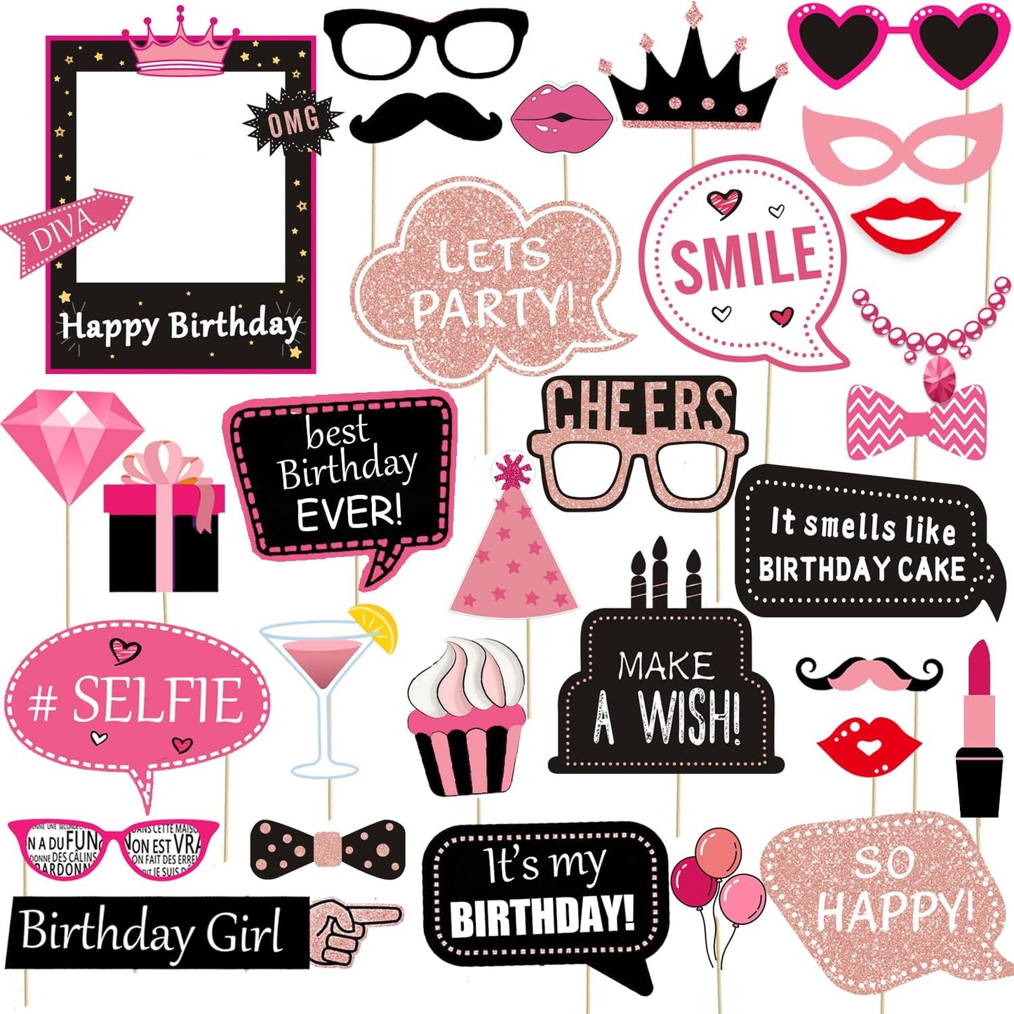 31pcs Hot Pink Girls Birthday Photo Booth Props Party Favors Supplies Bday Party Decoration Set for Bachelorette Party Decoration Girls Birthday Bridal Shower Pink Party Supplies