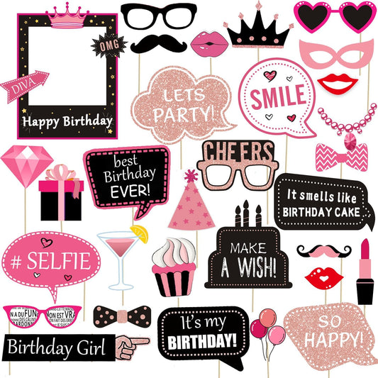 31pcs Hot Pink Girls Birthday Photo Booth Props Party Favors Supplies Bday Party Decoration Set for Bachelorette Party Decoration Girls Birthday Bridal Shower Pink Party Supplies