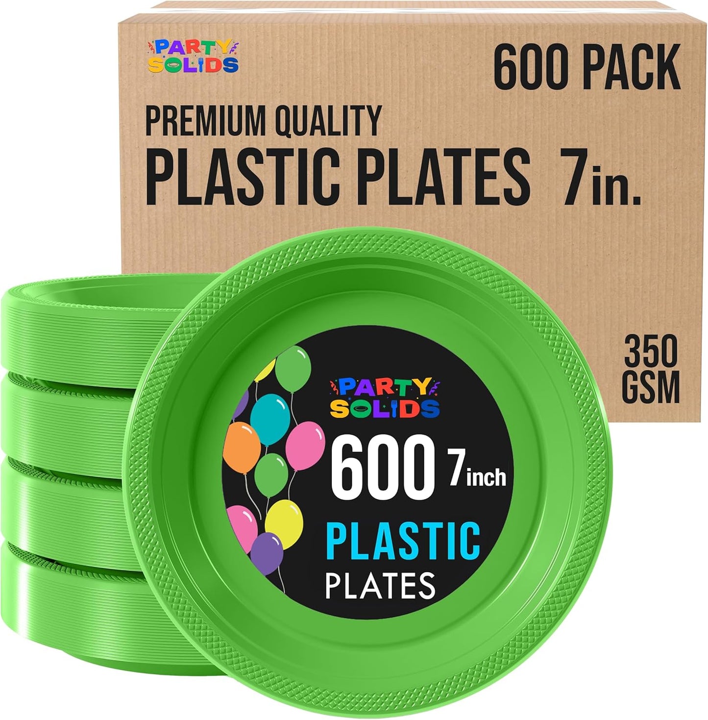 Party Solids Lime Green Plastic Plates Bulk 7" Lime Green Disposable Plates For Party Supplies 600 Pieces Disposable Dinner Plate Heavy Duty 350 GSM Plate Sets, Plastic Dinnerware Sets